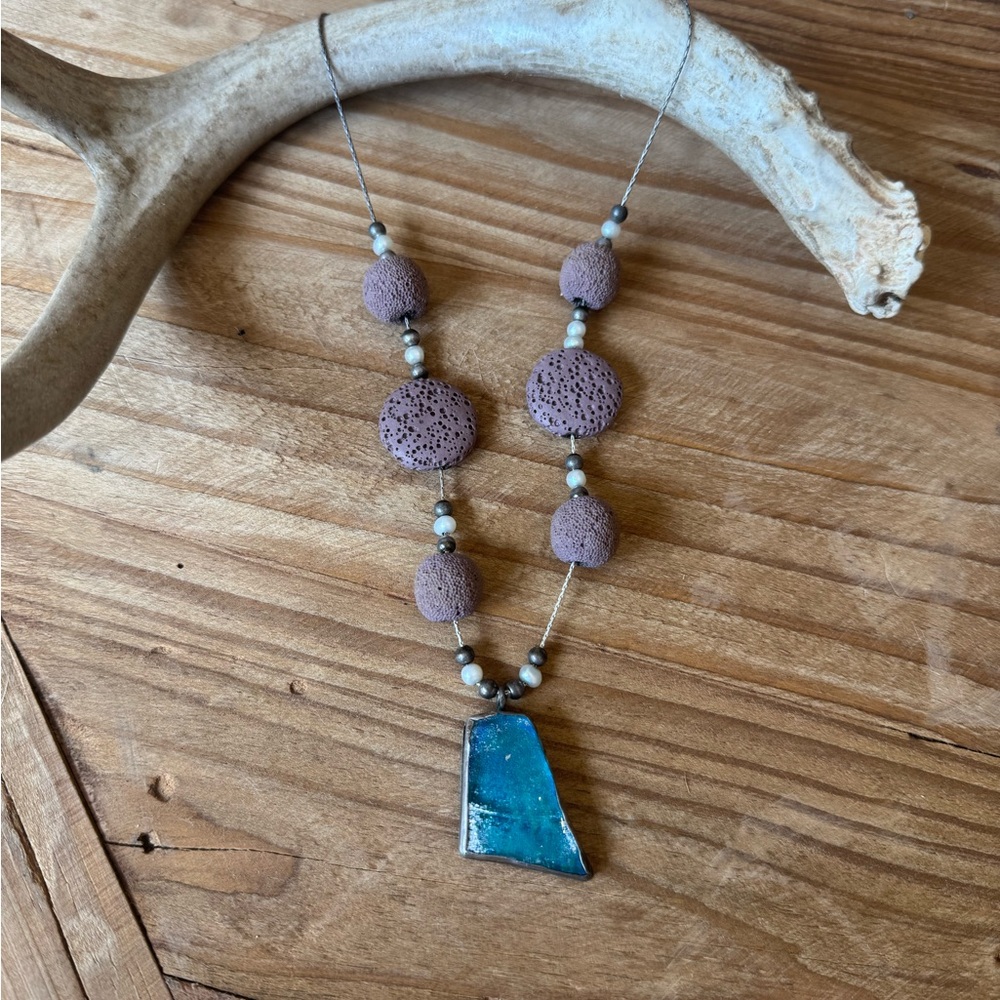 Roman Glass pendant with lava Beaded Necklace Sterling Silver